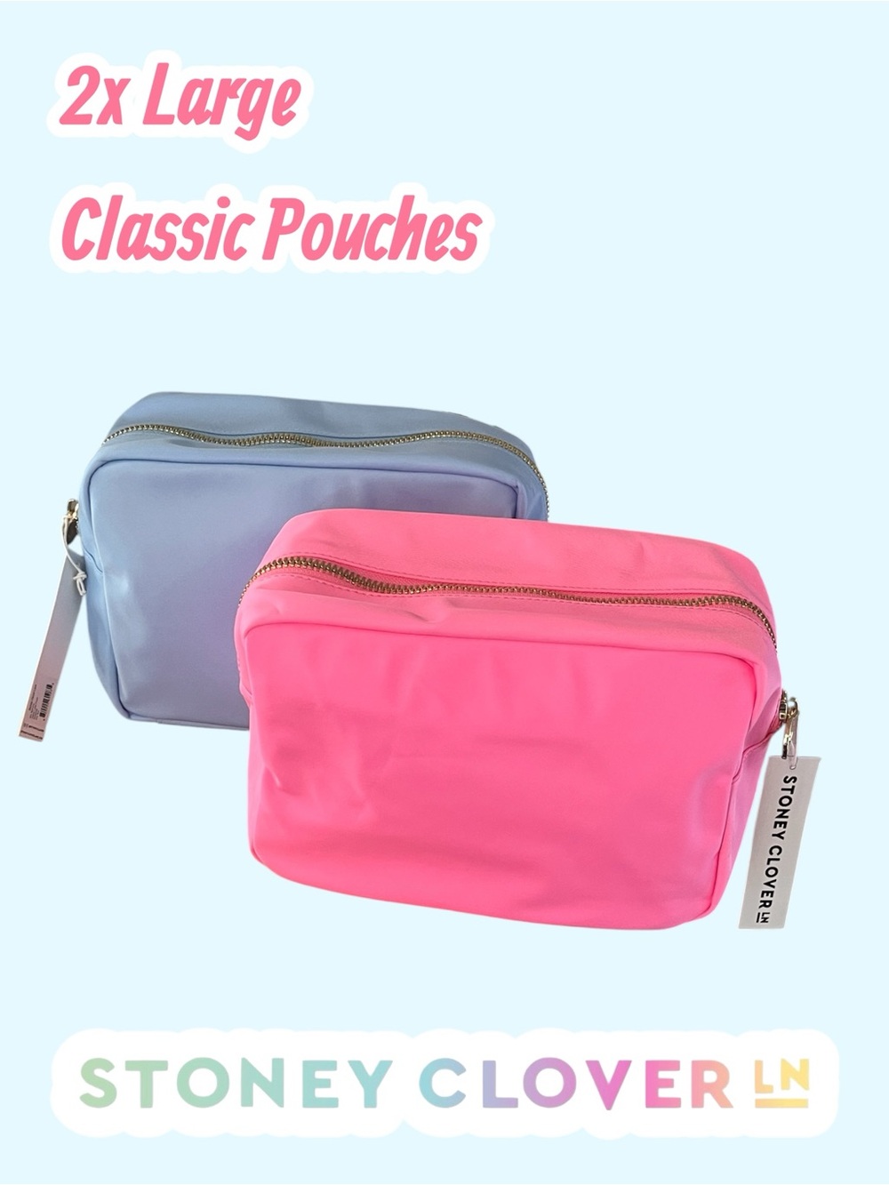 2X STONEY CLOVER LARGE CLASSIC POUCH BUNDLE BUBBLE GUM & PERIWINKLE - Picture 3 of 3